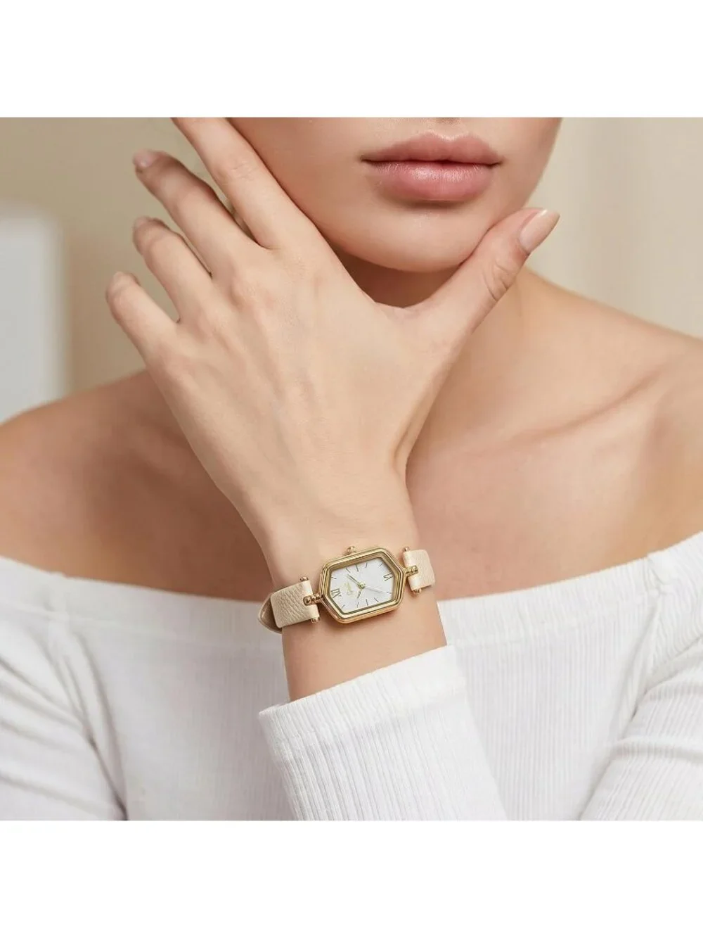 Women's Apricot Gold Vintage Slim Leather Strap Bracelet Hexagon Case Watch